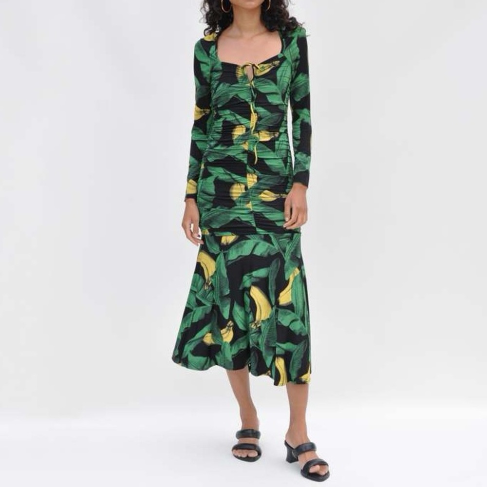 Ganni Green, Black & Yellow Ruched Long-Sleeve Midi Dress - Picture 6 of 6